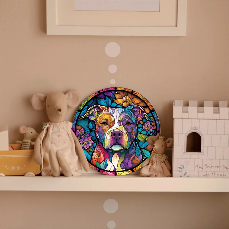 Aluminum Metal Sign Pit Bull, Stained Glass Look Sign, Metal Wreath, Wall Art, Home Decor, 8x8Inch, 1Pc