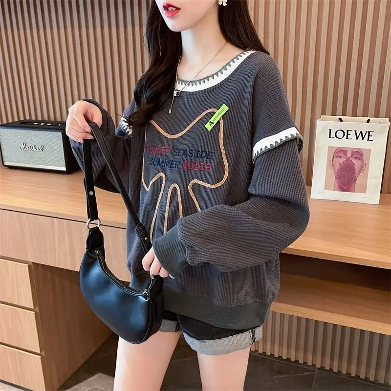 Female Fashion Korean Round Neck Patchwork Sweatshirts Autumn Winter Women\'s Clothing New Long Sleeve Loose Fake Two Pieces Top