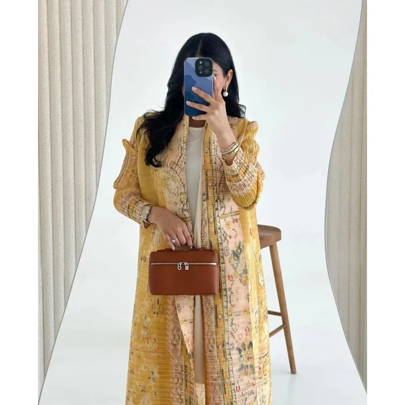 Abaya Ethnic Style Printed Pleated Coat Cape Shawl 2024 Spring/summer Big Collar Lace Up Cardigan Top Long Windbreaker Robe