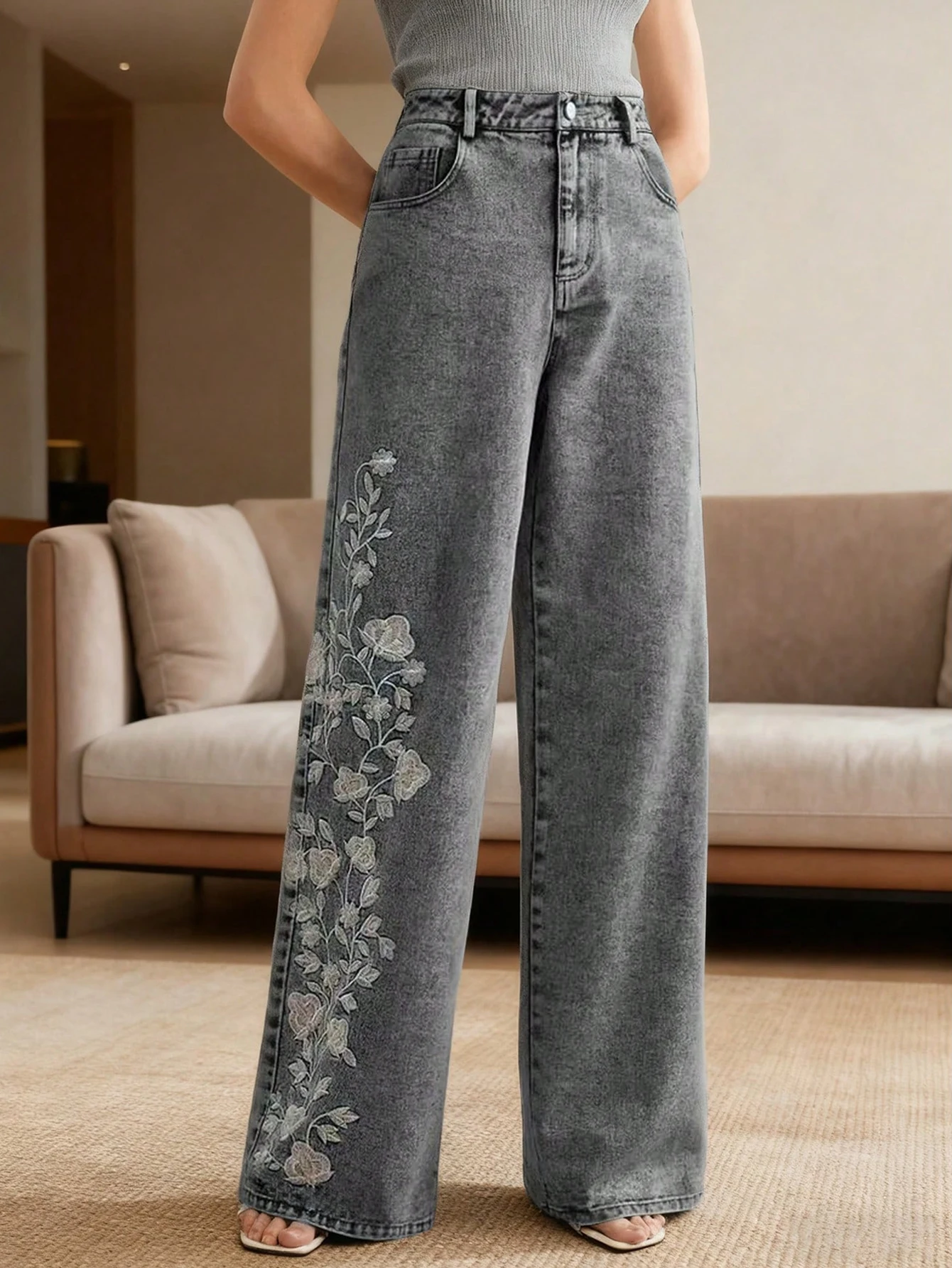 Elegant Straight Leg Jeans Women's Stretch Loose Gray Denim Trousers Washed Casual High Street Embroidered Denim Trousers Women