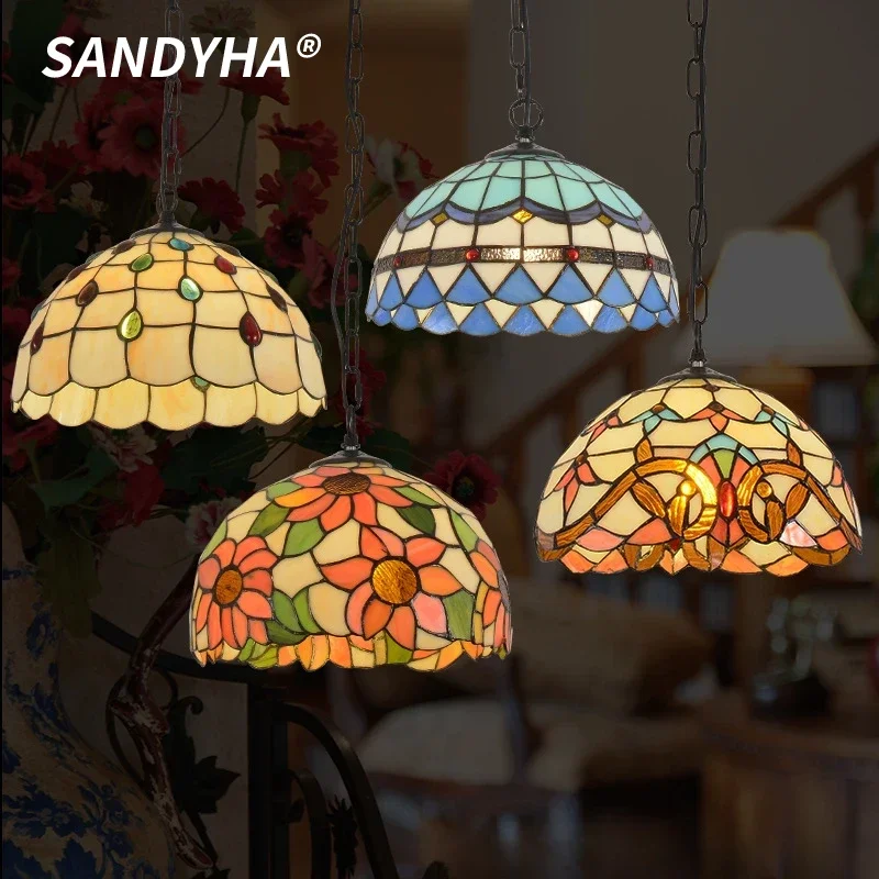 

SANDYHA Nordic Colorful Glass Pendant Lights Mediterranean Countryside Hanging Lamp Bedroom Bedside Living Room Led Chandelier