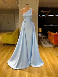 Customized Trend Sweet Light Blue One Shoulder Bridesmaid Dress Mermaid Luxury Simple Satin Split Wedding Gown Waist Mixed Style