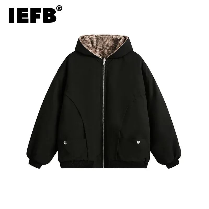 IEFB Thickened Trendy Men\'s Padded Jackets Lamb Wool Reversible Faux Fur Loose Solid Color Hooded Casual Male Coats New CPG2203