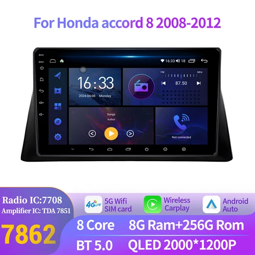ホンダアコード 8 2008-2012 カーラジオマルチメディアナビゲーションワイヤレスアンドロイド 14 BT CarPlay 4 グラムヘッドユニットステレオ 2 K QLED スクリーン