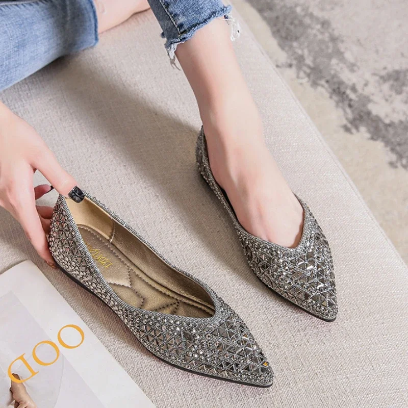 Autumn Women\'s Ballet Flats  New Rhinestones Flat Casual Loafers Female Plus Size 43 Slip on Boat Shoes Chaussure Femme