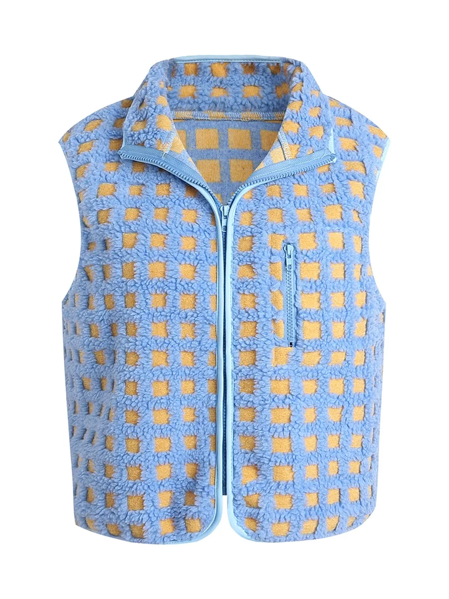 Gilet da donna a quadretti sfocato senza maniche, colletto rialzato, gilet con cerniera, capispalla invernale caldo