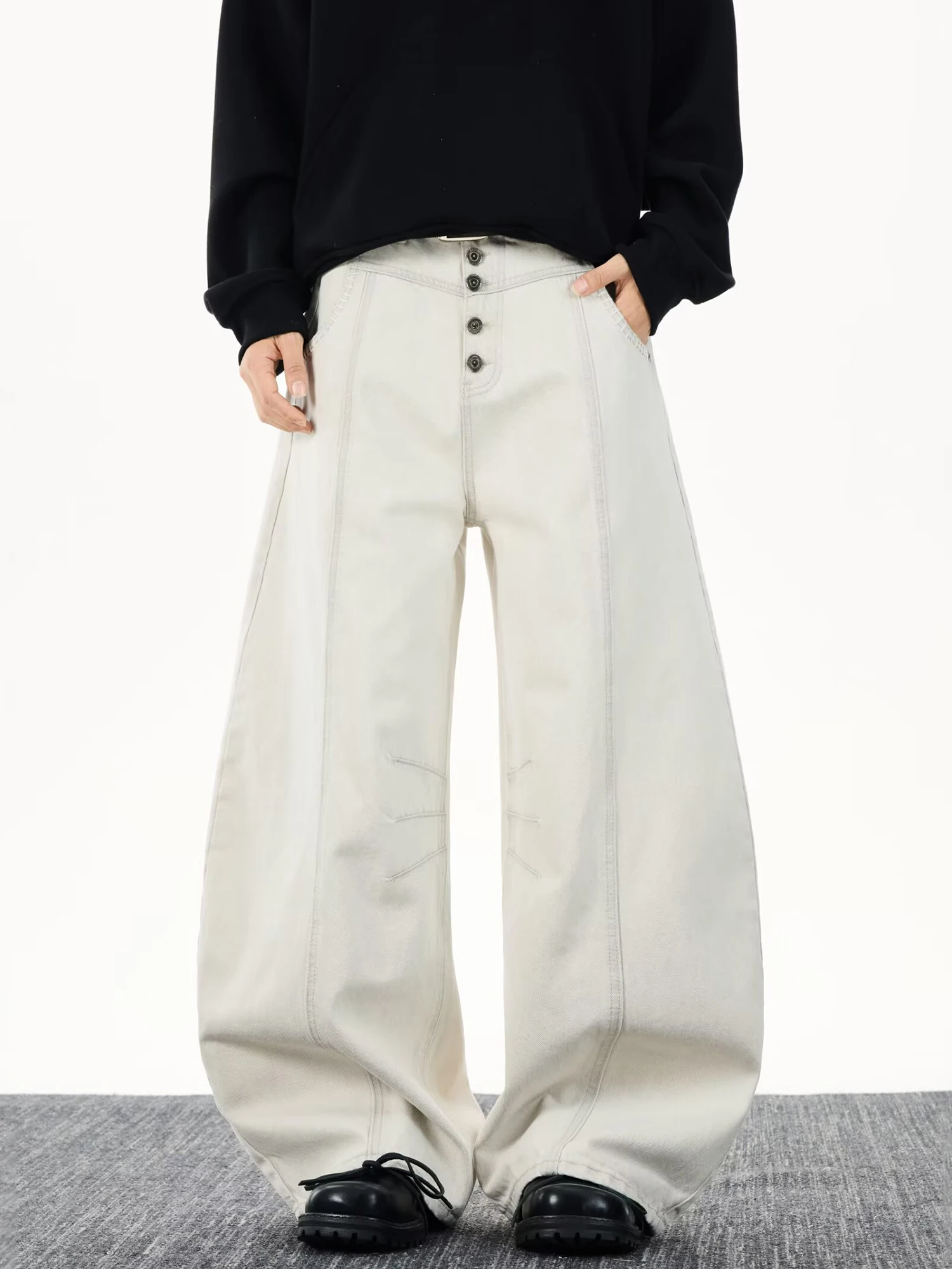 

Свободные широкие джинсы в американском стиле ретро с лезвием для мужчин и женщин, уличные повседневные длинные брюки, джинсы на одной пуговице для всех