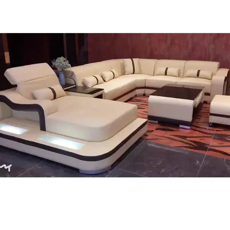 New Arrival Living Room Sofas Super Modern Style Living Room Furniture LED Lamps Top Quality Leather Couch Living Room Sofas