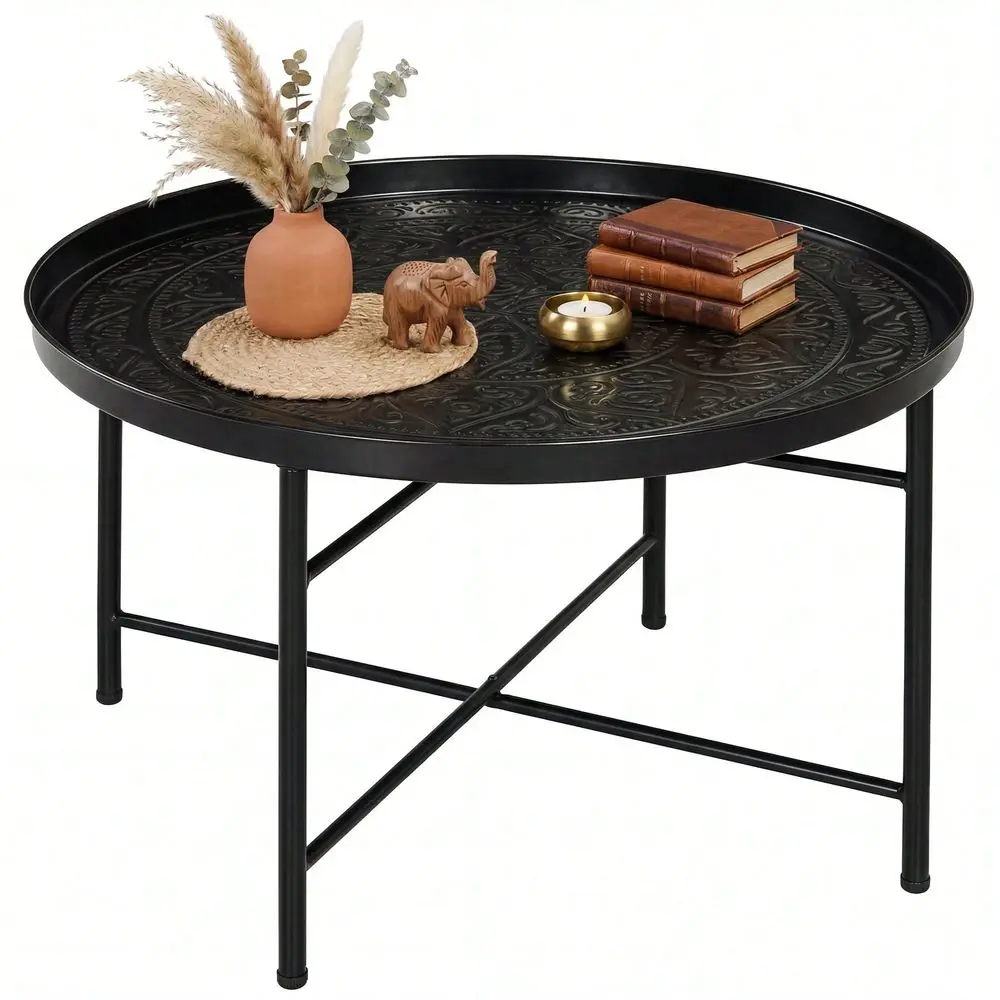 Round Black Coffee Table Hammered Tray Top, Metal Frame, Indoor Living Room Furniture For Small Spaces, Apartment Seating Areas