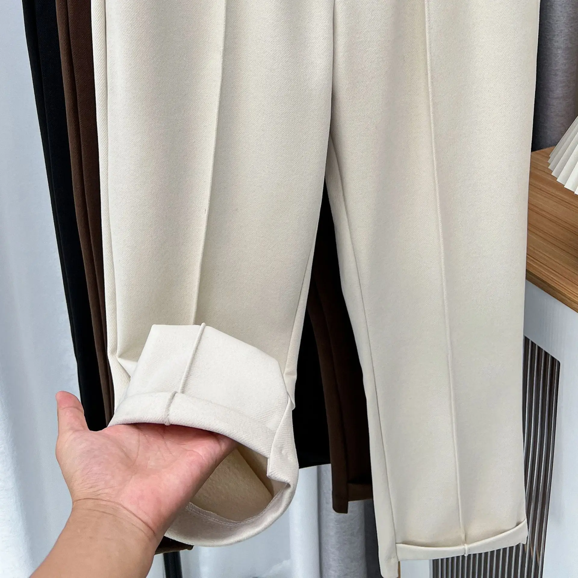 Pantalones de traje de lana de cintura alta gruesa para mujer, pantalones de traje de talla grande, pantalones casuales asimétricos con apertura de pierna, moda de otoño e invierno, 100kg