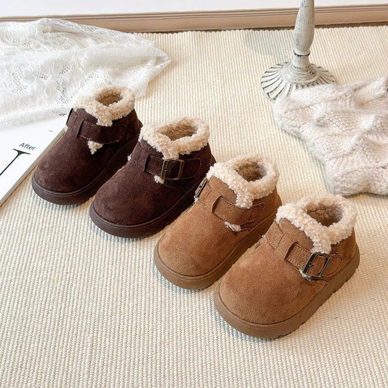 

Children Flat Shoes Retro Round Toes Kids Casual Shoes Suede Soft Bottom 2025 Winter Girls Warm Shoes Fashion Versatile Non-slip