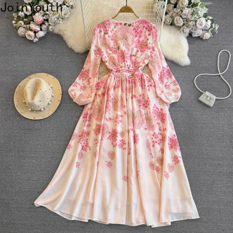 Elegant Women Dresses Slim Waist Long Sleeve O-neck Vintage Robe Femme 2024 Vestidos De Mujer A-line Big Swing Floral Maxi Dress