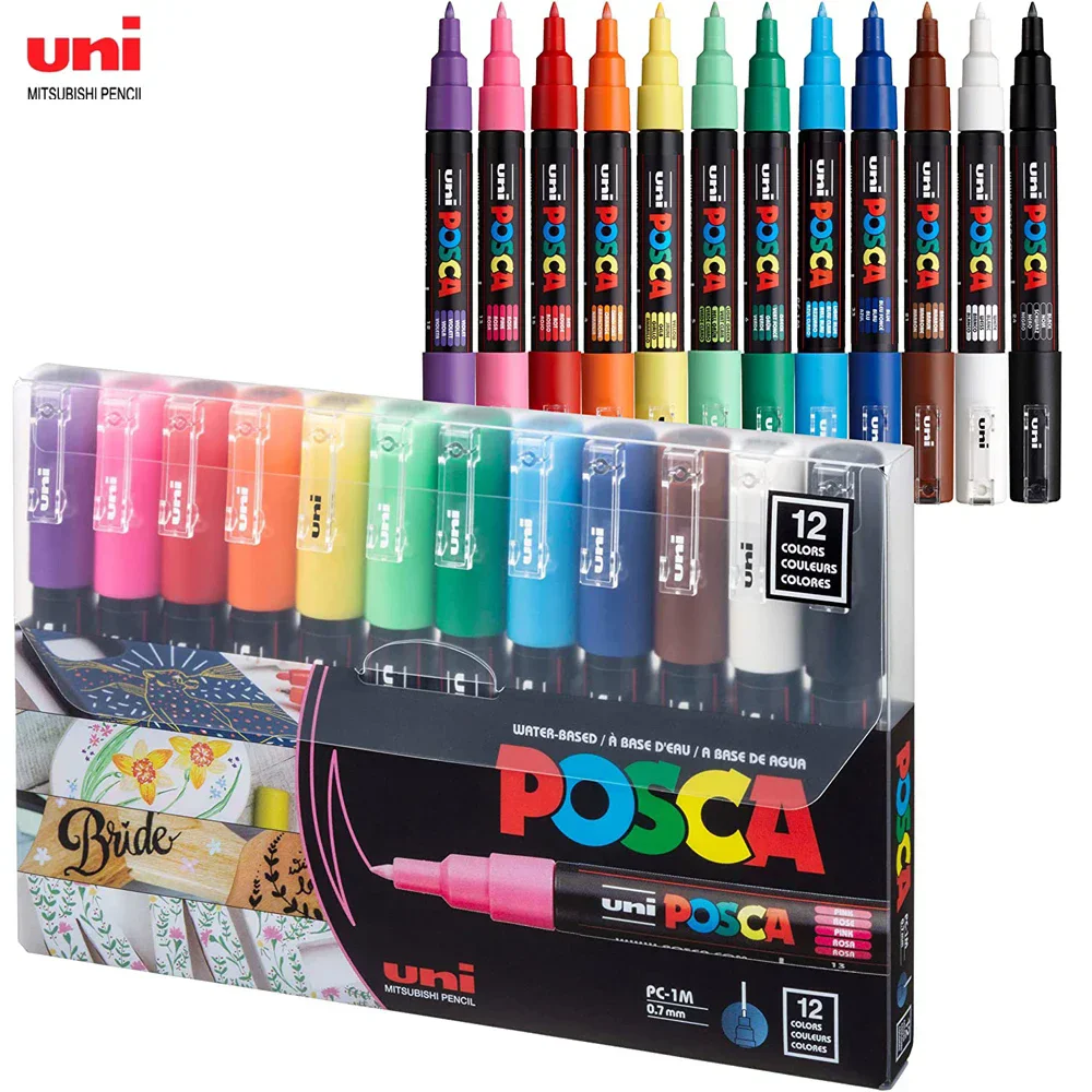 

12 Color Set Uni Posca Markers PC-1M Extra Fine 0.7mm Paint Marker Pens Manga Ceramic Glass Graffiti Wood Fabric Metal Painting