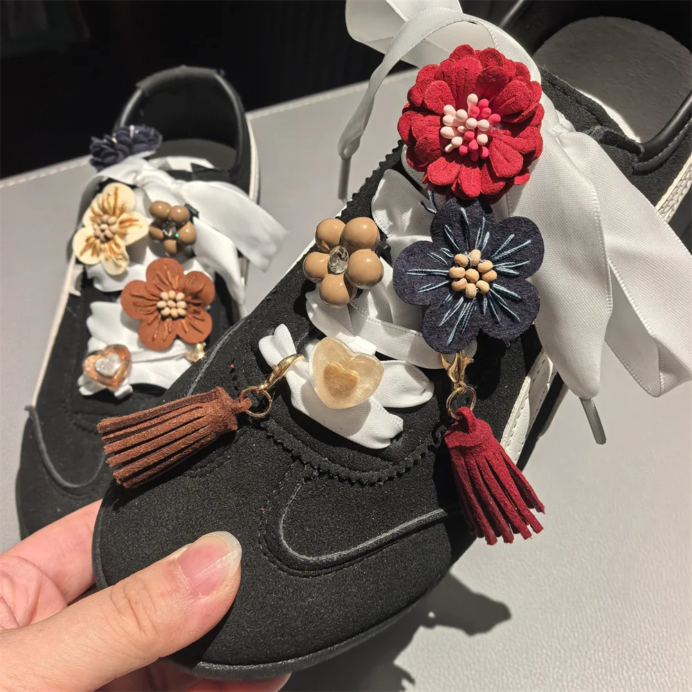 Shoe Charms Faux Suede Floral Tassel Shoelace Buckle Brown Premium Fall Winter for Clog German Trainer Decoration Lightweight
