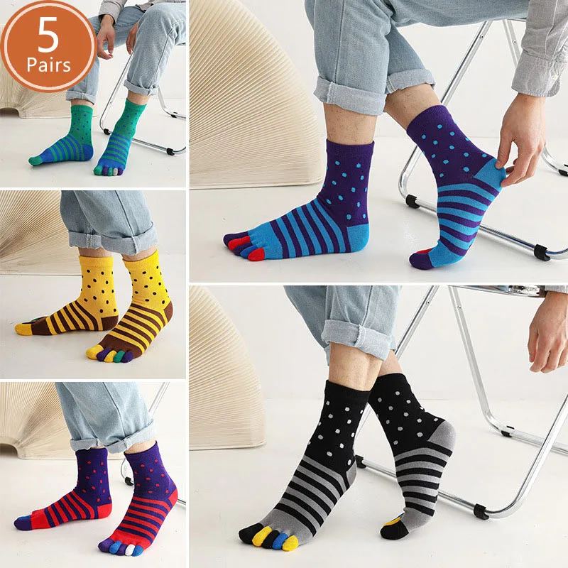 1/5 Pairs 5 Finger Short Socks Man Thick Striped Round Colorful Combed Cotton Party Dress Business Toe Happy Socks 4 Seasons