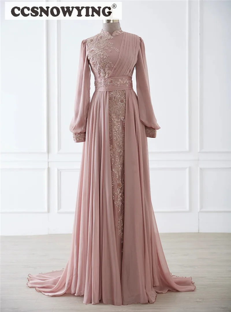 Pink Chiffon Muslim Evening Dress Long Sleeve Hijab Islamic Formal Party Gown Beaded Appliques Saudi Arabia Robes De Soirée