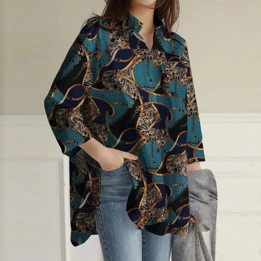 Soft Stretchy Long-sleeve Blouse Colorful Print Turn-down Collar Blouse for Women Loose Fit Long Sleeve Top with Chest Pocket