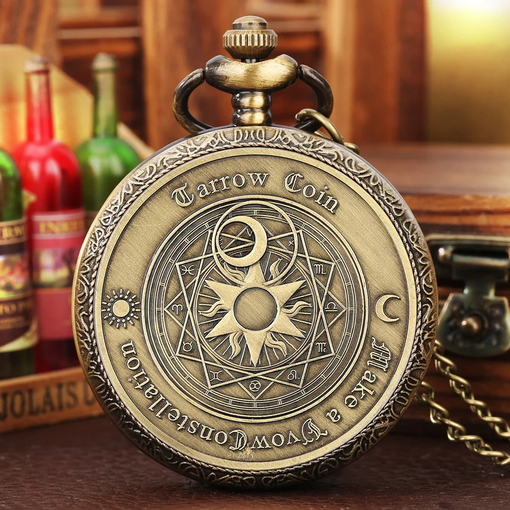 

Retro Sun Moon Divination Tarot Challenge Coin Lucky Constellation Quartz Pocket Watch Western Astrology Embossed Necklace Clock