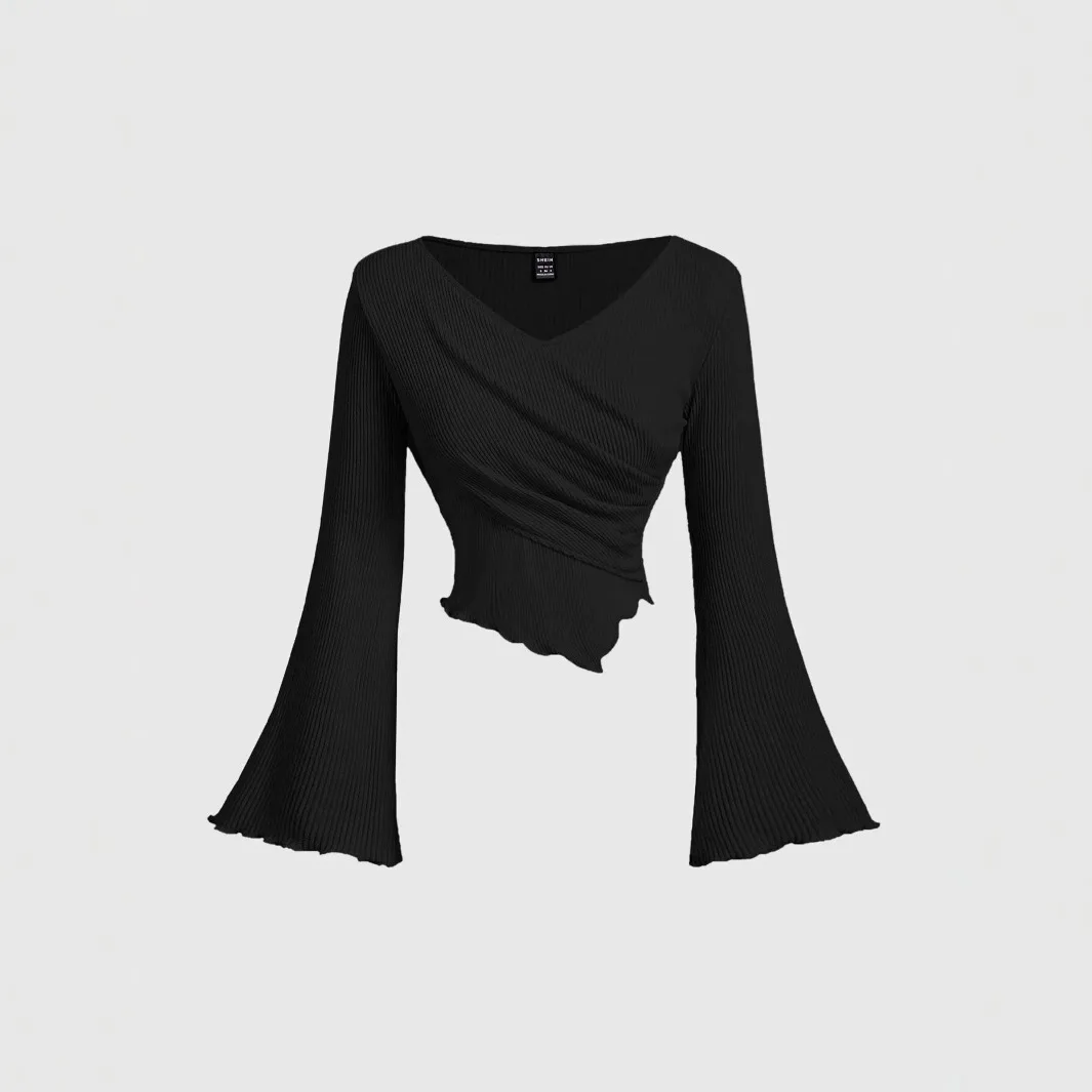 Ropa Para Mujer French Retro Cross Wrap Top Women, Deep V Neck Bell Sleeve Slim Fit Ribbed Knit Crop Top, Elegant Party Clubwear
