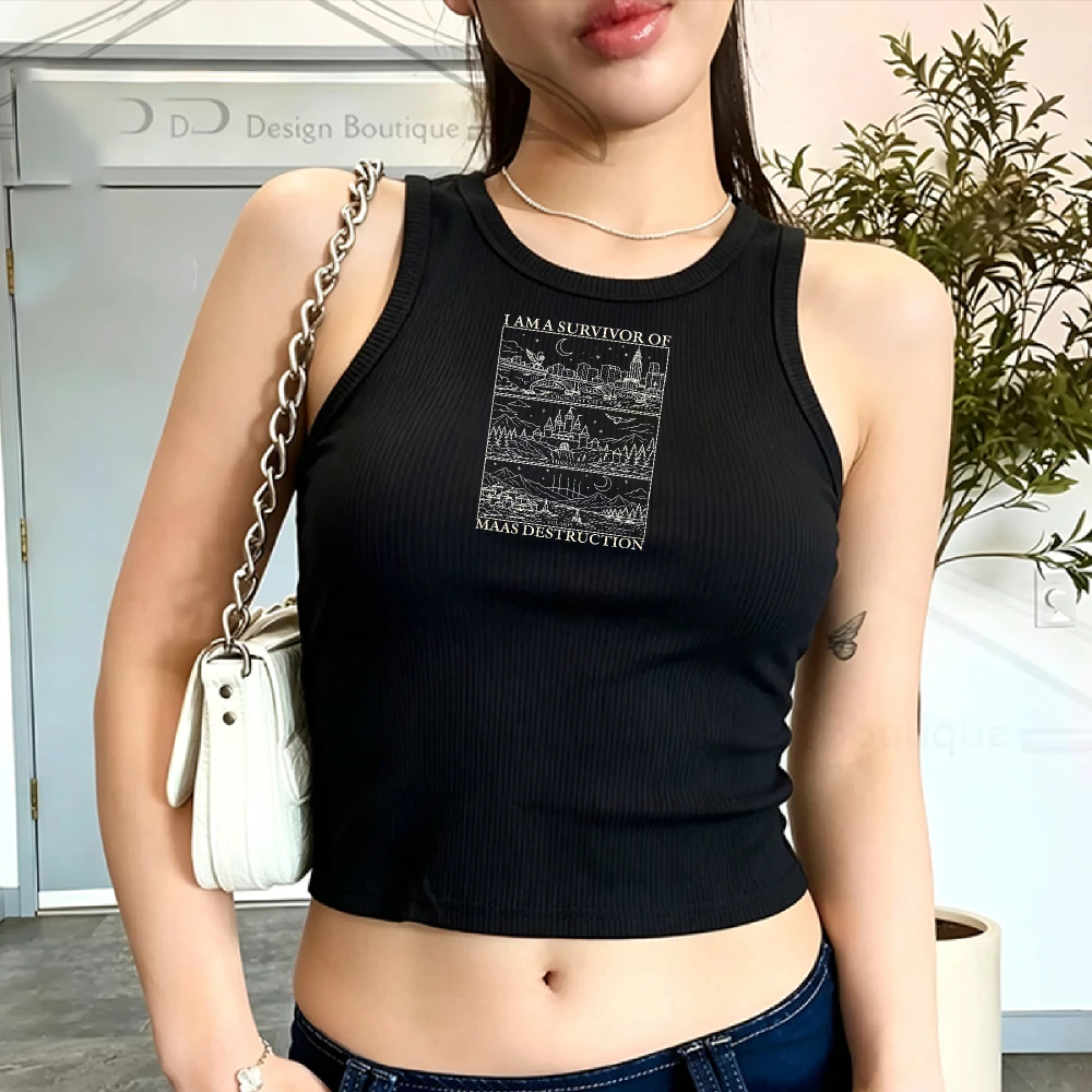 Y2k Ribbed Camisole Crop Top Sleeveless Fitted Tank Top Black Cityscape Graphic Romantasy Reader Gift Casual Streetwea Tank Topr
