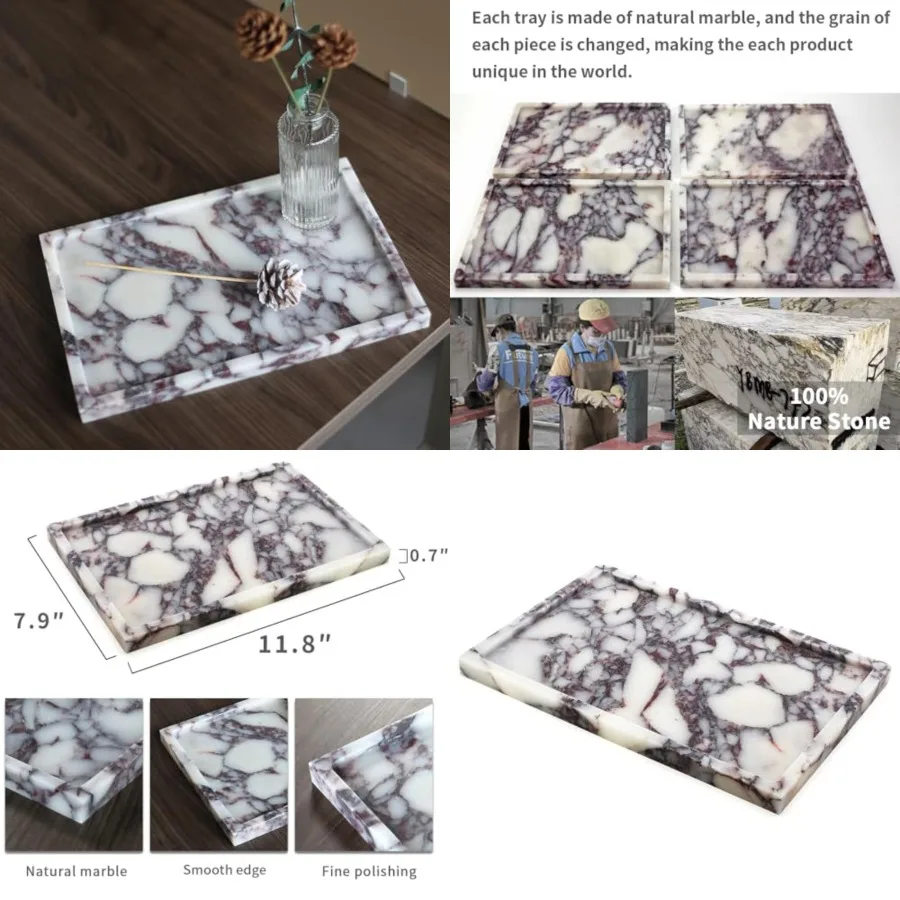 

Real Luxurious Natural Marble Vanity Tray Genuine Marble Storage Tray for Home Decor Stone Tray for Bathroom/Kitchen/Vanity/Dre