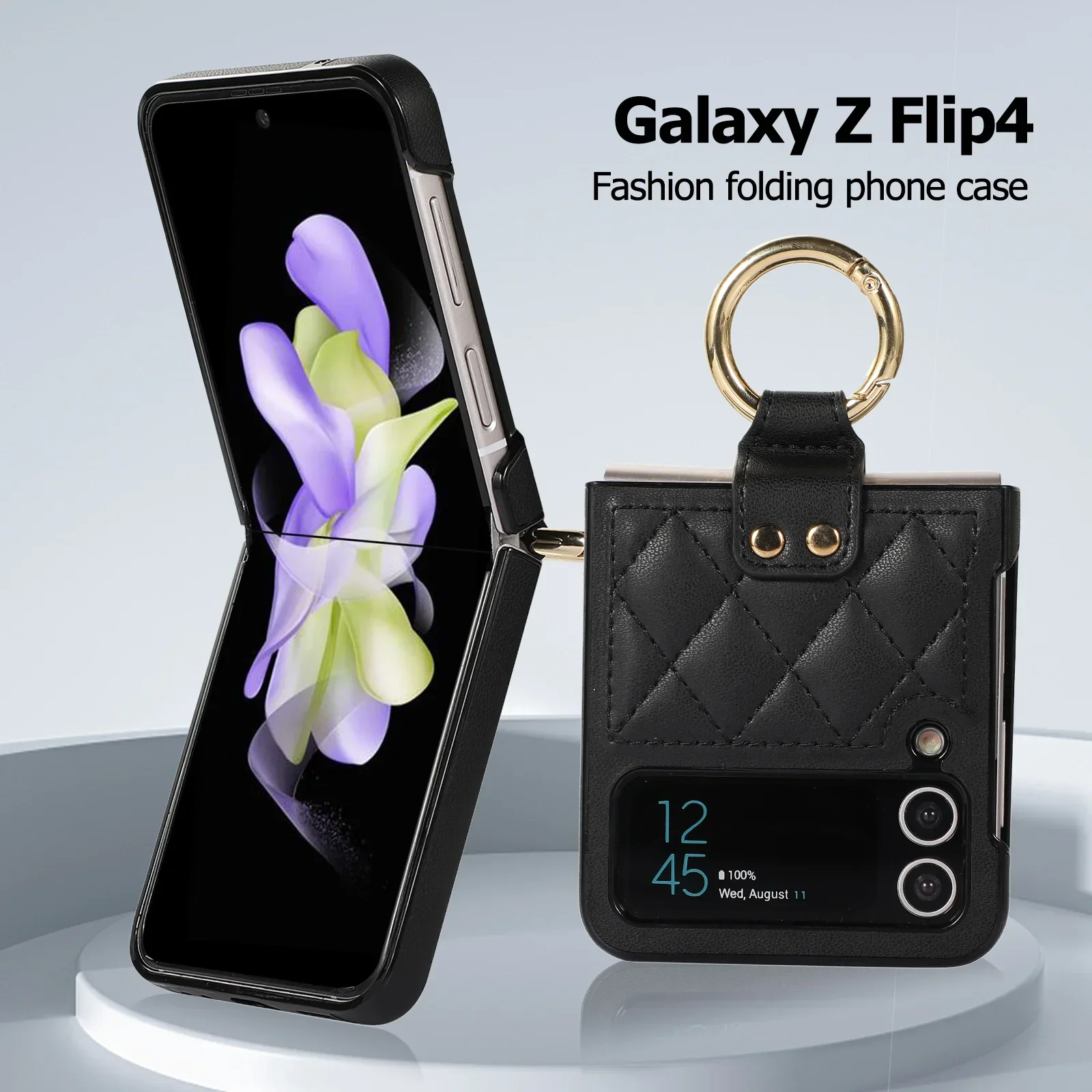 Galaxy Z Flip 4 3 5G Ringhalter Handyhülle für Samsung Z Flip4 Flip3 Ultradünne Leder-Klappschutzhülle mit Halterung