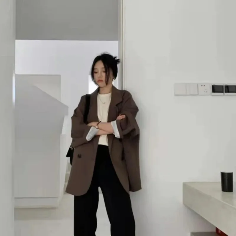 Übergroße, schicke, lässige Anzugjacke, neu im Vintage-Stil, brauner Blazer für Damen, elegant, offiziell, für Damen, Frühling und Herbst, modisch, langärmelig