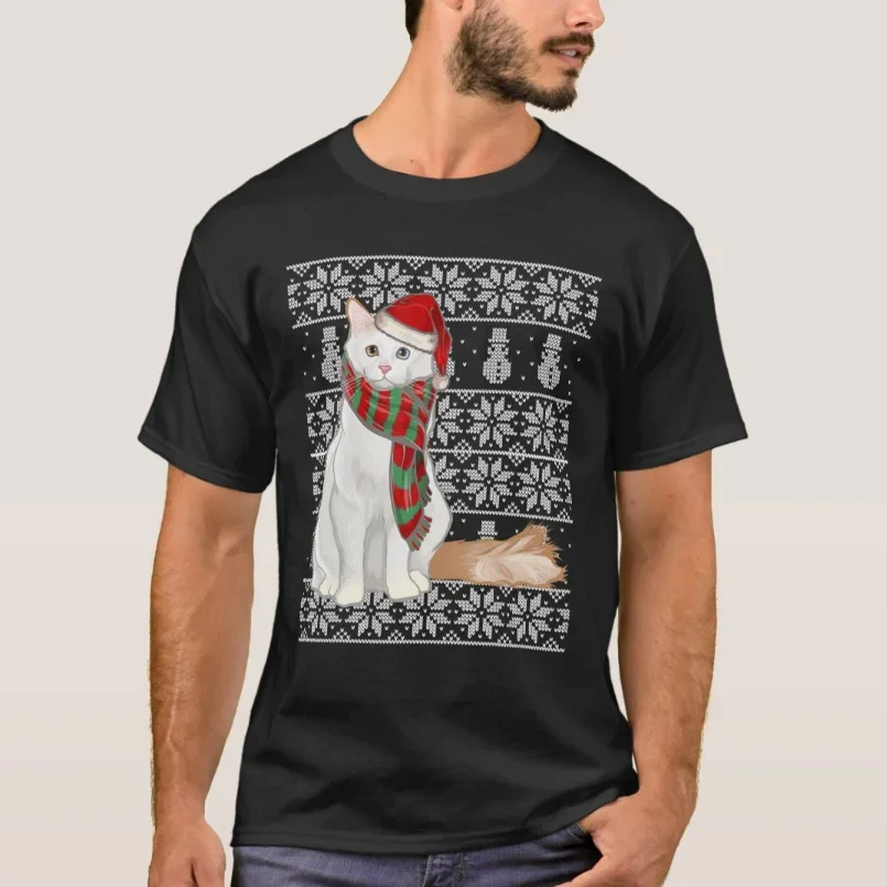 Xmas Turkish Van Cat Santa Hat Christmas Cat Lovers Gift T-Shirt 100% Cotton O-Neck Short Sleeve Casual Mens T-shirt Size S-3X