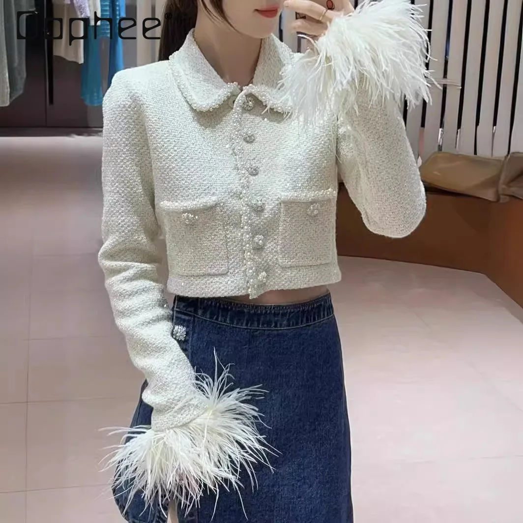 

Spring Autumn White Short Coat Women Elegant Knit Cardigan Pearl Button Feather Long Sleeve Lapel Jacket Ladies Tops Outwear