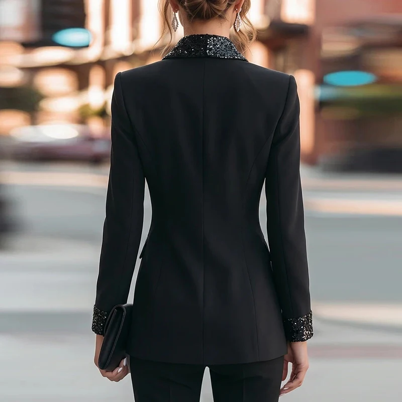 French Style High Street Sequins Jacket Fashion Black Long Sleeve One Breasted Coat Elegant V-neck Women's Formal Occasions Coat