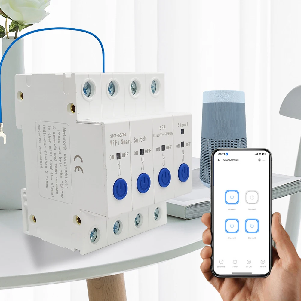 For Ewelink Supported WiFi 4 Channel Smart Switch AC90-280V 63A DIN Rail Mount 2.4GHz White PC Flame Retardant