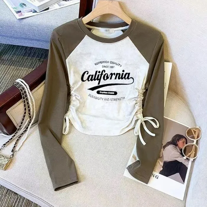 Girls Long Sleeve Cotton T-Shirt Drawstring Shoulder Insert Design Autumn New Style Children Base Layer Top Spring Summer