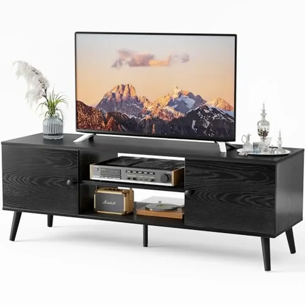 Entertainment Center TV Stand 55 60 inch Wood Console Table Adjustable Shelf Cabinet Storage Cable Management Stable Sturdy Easy