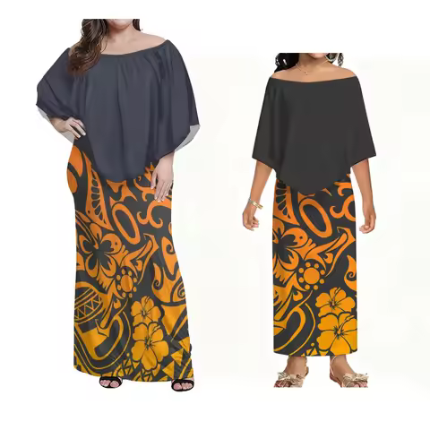 New Style Polynesian Samoan Island Women'S Cape Dress Large-Sized Elegant Holiday Party Evening Dress Mother-Daughter Outfit
