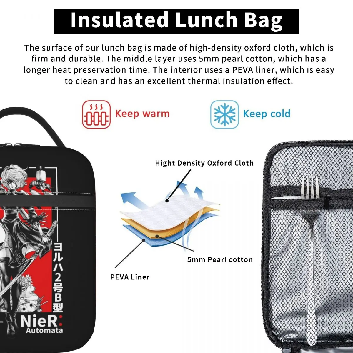 Nier Automata Cosplay Game Lunch Bag Isolado para Homens e Mulheres, Recipiente de Alimento, Portátil, Refrigerador Térmico, Lancheiras para Trabalho