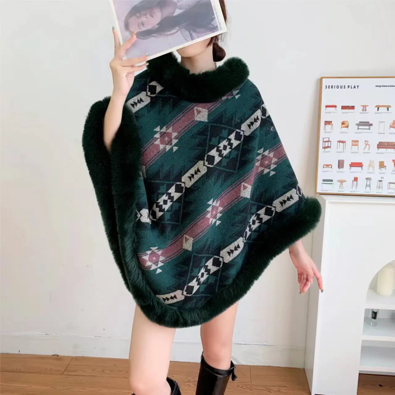 

Cape European and American Cloak New Style Plaid Insulated Faux Fur Scarf Women's Jacquard Wrap Poncho P2