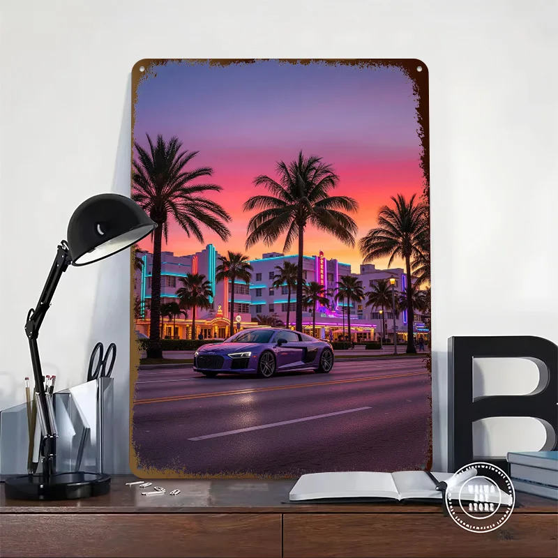 Miami Beach Sports Car R8 Sunset Poster Customized Wall Art Vintage Metal Signs Retro Tin Plaque for Man Cave Gaming Decoration