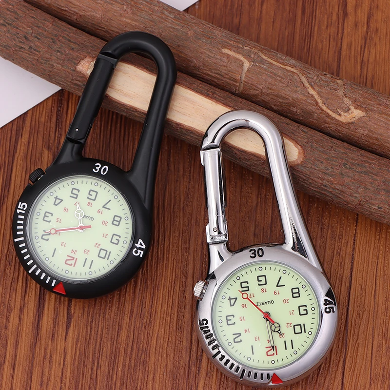 Outdoor Mini Leuchtende Uhr Runden Zifferblatt Arabische Zahlen Quarz Analog Clip Karabiner Haken Uhr Schlüsselring Clip Fob Taschenuhren