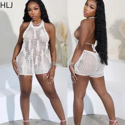 HLJ Sexy Hollow Out Halter Knitted Tassels Bodycon Rompers Women Backless Sleeveless Slim Jumpsuits Fashion Solid Color Overalls