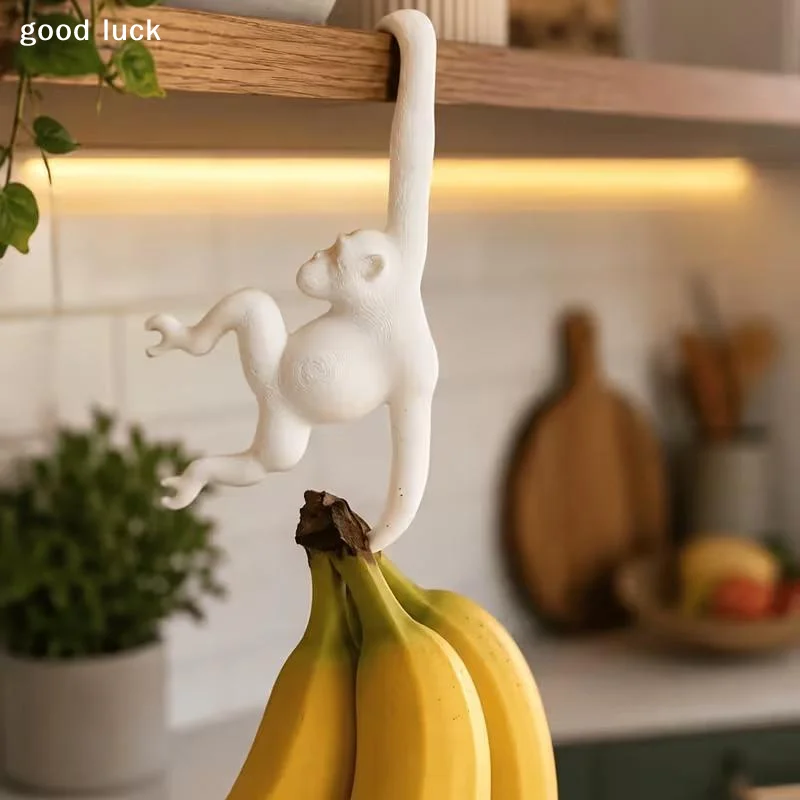 AnswerPractical 3D Printed Monkey Shaped Wall Hook Plastic Decorative Banana Hook Punch-free Banana Holder for Kitchen