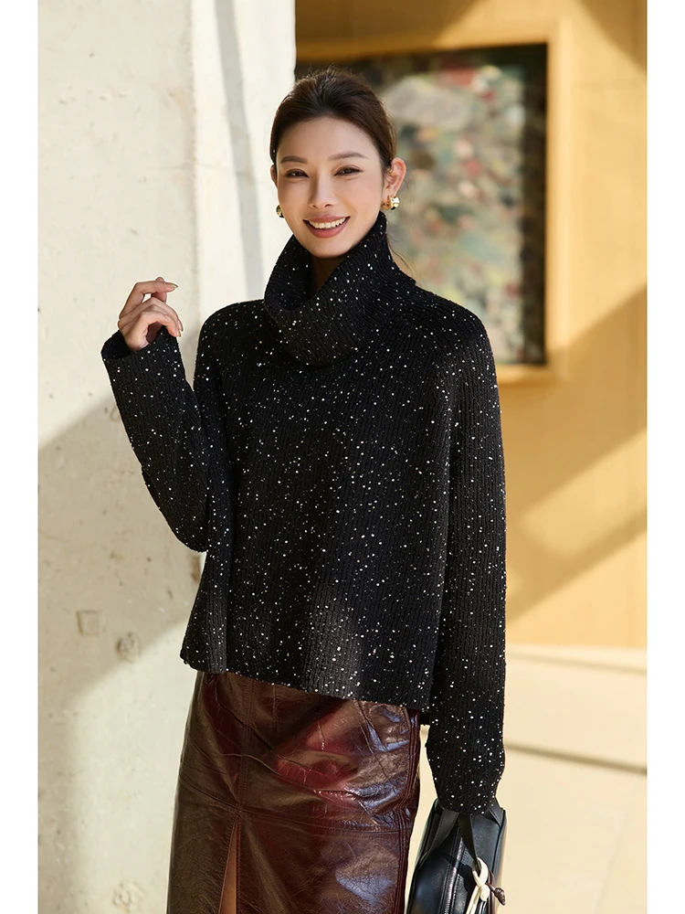 

Свитер Ningxia Clothing Room Sparkling Starlet Heavyweight с 5-игольными пайетками, съемным шарфом, двухслойный, повседневный, свободного кроя