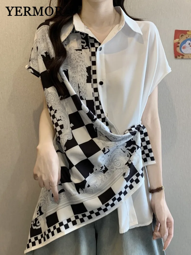

YERMORA White Spliced Plaid Print Casual Blouse For Women Lapel Short Sleeve Loose New Shirt Fashion Tide Spring Summer 2025