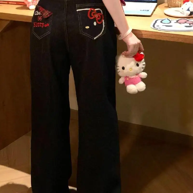 سانريو مرحبا كيتي المتضخم جينز مطبوع أنيمي Y2K موضة الهيب هوب الاتجاه شارع العليا Harajuku نمط عادية مستقيم بانت المرأة #1