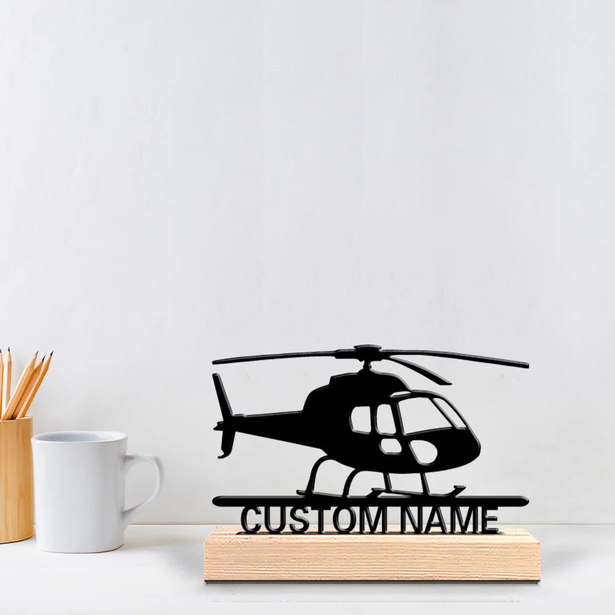 1pc Weird Personalized Custom Helicopter Metal Statues Modern Wooden Base Decor for Office, Living Room, Nature-Inspired - view 3