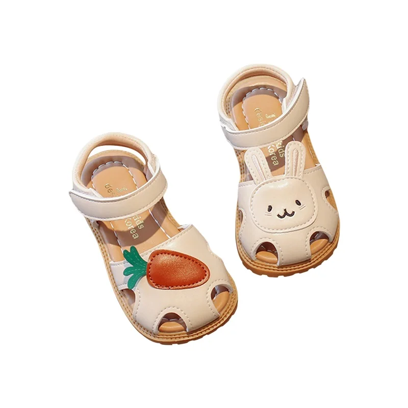 Girl Sandals Breathable Soft Sole Closed Toe Flat Shoes with 3D Rabbit Carrot Kids Summer Shoes