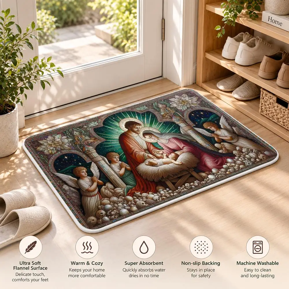 Nativity Birth Of Jesus Christ Floor Mat Flannel Rug Soft Non Slip Door Mat For Bathroom Bedroom Kitchen Living Room Home Decor
