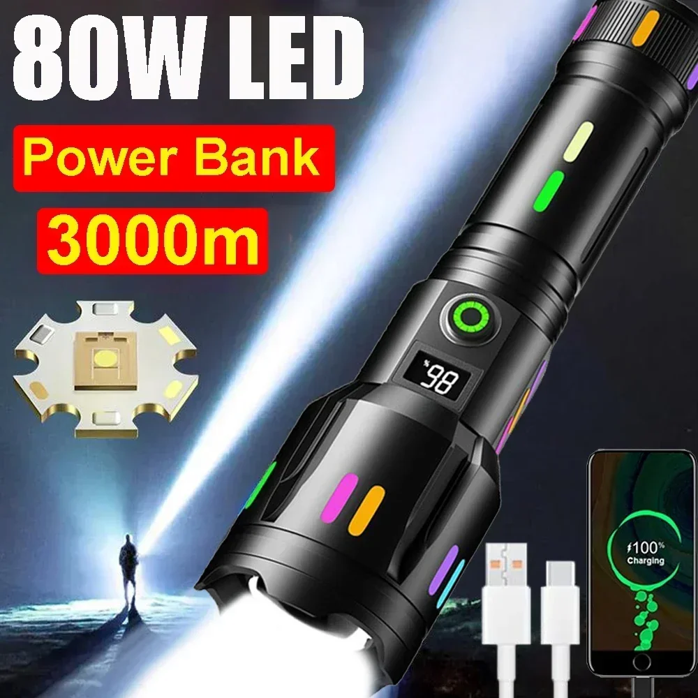 

High Power Long Range LED Flashlight with Luminous Strips Zoomable TYPE-C Rechargeable Torch for Outdoor Camping Emergency