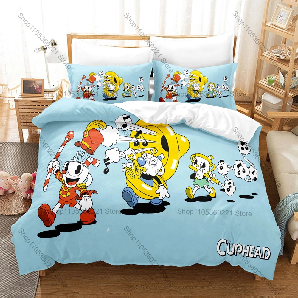 Cool Cuphead and Mugman Bedding Set Includes Duvet Cover + 2 Pillowcases 1930s Retro Rubber Hose Run And Gun Game Bedroom For Ga