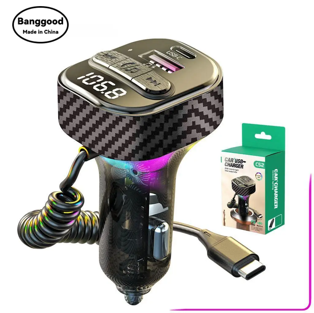 

C52 Bluetooth FM Transmitter with Spring Wire Fast Charging Car Charger PD30W Charger 5V/3.1A USB Stick Player