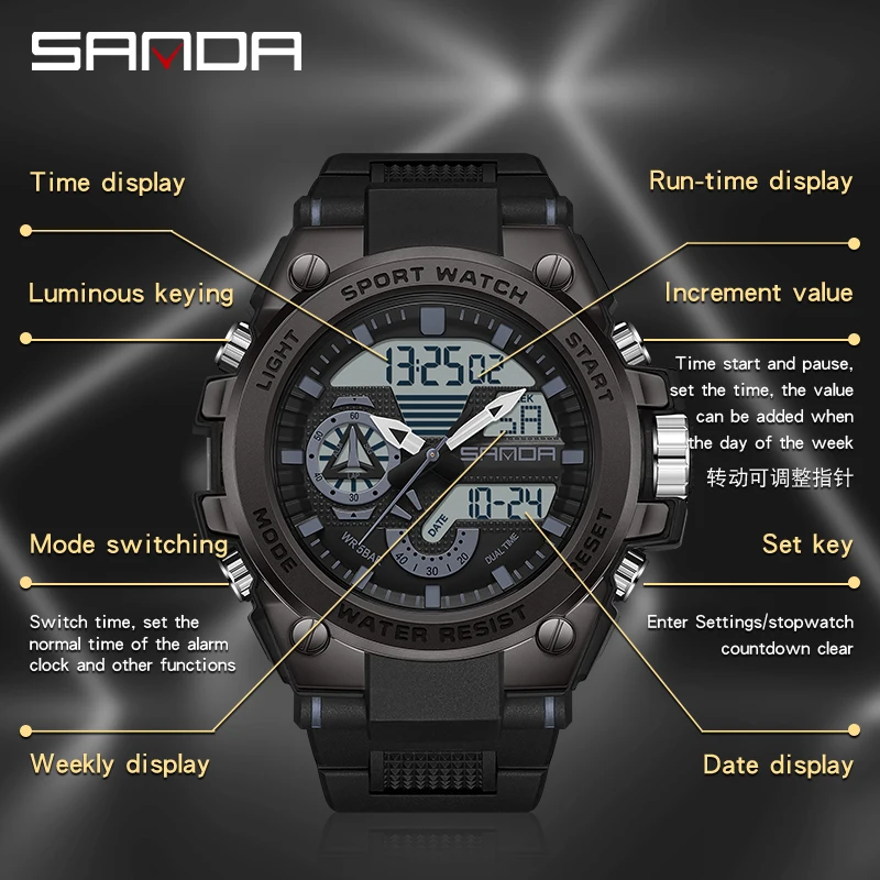 SANDA Top Brand Luxury Digital Wrist Watches Mens Military G Style Wristwatches Quartz Electronic Alarm Clock Sport Shockproof